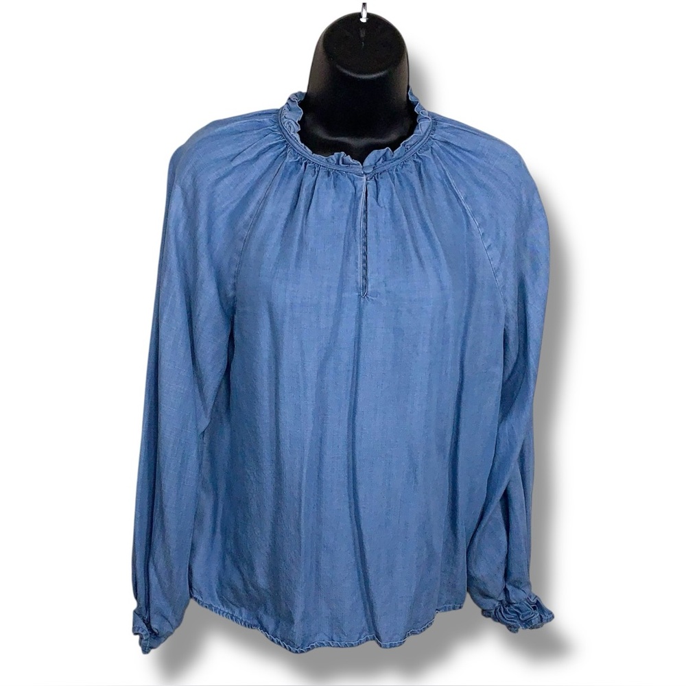 XS Who What Wear Blue Lyocell Long Sleeve Top Ruffle Accents Preppy